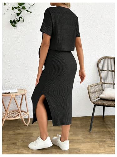 Women's Maternity Ribbed 2 Piece Outfits Short Sleeve Crop Top Bodycon Slit Midi Skirt Set