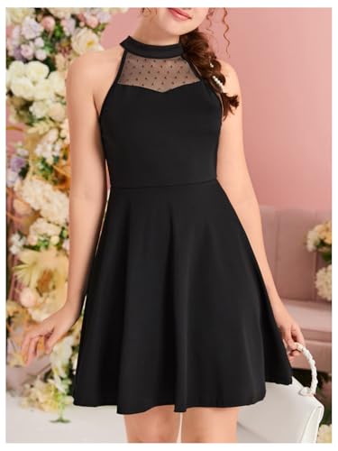 Girl's Halter Neck Sleeveless Mesh A Line Flared Flowy Elegant Short Party Dress