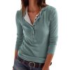 Womens Henley Tunic Shirts Long Sleeve Slim Fit Basics Ribbed Crewneck Button up Tops