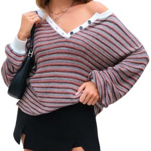 Women's Oversized Striped Sweaters Long Sleeve Shirt Loose V Neck Button Henley Tops Fall Pullover Knit Jumper 2025