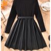 Girl's Ribbed Long Sleeve PU Leather Patchwork Belted A Line Flowy Skater Dress