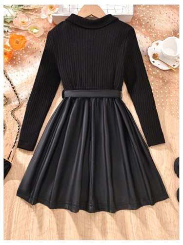 Girl's Ribbed Long Sleeve PU Leather Patchwork Belted A Line Flowy Skater Dress