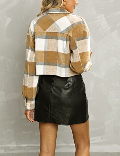 Women's Fashion Cropped Flannel Shirt Plaid Shacket Long Sleeve Button Down Jackets Coat