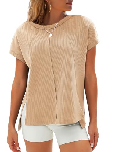 Womens Summer Oversized Tops Short Sleeve Crewneck Waffle Shirts Casual Blouses Loose Tunic Fashion 2025