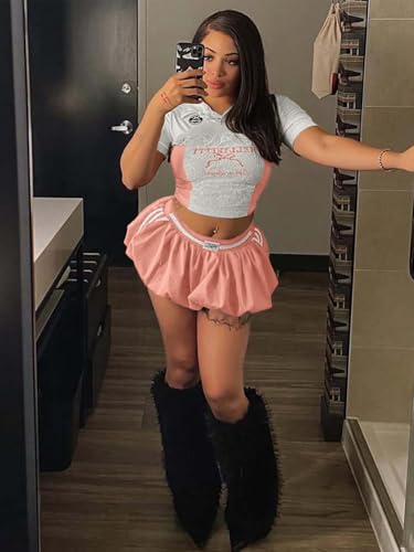 Women's Sport Skirt Set 2 Piece Lace Combo Top & Bubble Mini Skirt Set Sexy Short Sleeve Bodycon Y2k Party Club