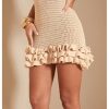 Women's Crochet Halter Mini Dress Knit Bodycon Backless Ruffle Outfits Dresses