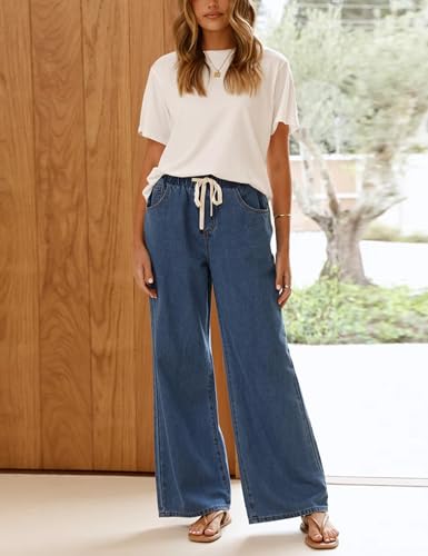 Women Wide Leg Jeans Casual Loose Fit High Elastic Waist Denim Pants with Pockets