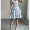 Women's Summer Floral Square Neck Tie Back Bow A Line Fit and Flare Flowy Boho Dress