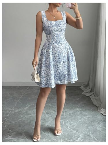 Women's Summer Floral Square Neck Tie Back Bow A Line Fit and Flare Flowy Boho Dress