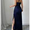 Women's Cowl Neck Mesh Maxi Dress Ruched High Slit Sexy Bodycon Cocktail Party Dress