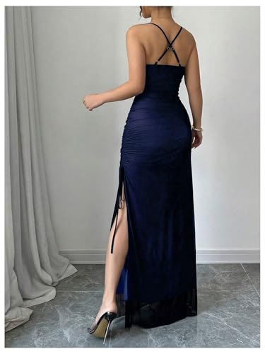 Women's Cowl Neck Mesh Maxi Dress Ruched High Slit Sexy Bodycon Cocktail Party Dress