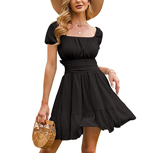 Women's 2025 Summer Short Puff Sleeve Casual Short Mini Dresses Tie Back Square Neck A-Line Sundress