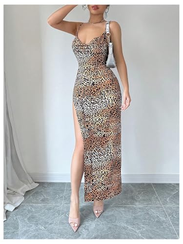 Women's Sexy High Slit Leopard Maxi Dress Open Back Bodycon Backless Cami Dress