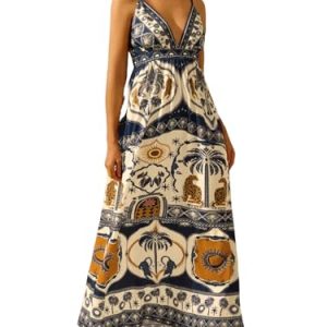 Women's Summer Tropical Floral Maxi Dress Spaghetti Strap V Neck Flowy Vacation Dresses