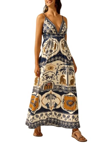 Women's Summer Tropical Floral Maxi Dress Spaghetti Strap V Neck Flowy Vacation Dresses