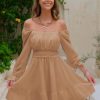Women's 2025 Casual Long Lantern Sleeve Dresses Square Neck Ruffle Tie Back Elastic Waist Aline Short Mini Dress