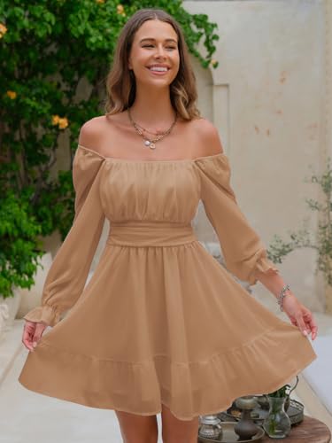 Women's 2025 Casual Long Lantern Sleeve Dresses Square Neck Ruffle Tie Back Elastic Waist Aline Short Mini Dress