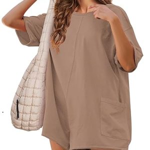 Rompers for Women Casual Short Sleeve Oversized Athletic Workout Reversible Hot Shot Tee Romper Deep Pockets