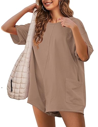 Rompers for Women Casual Short Sleeve Oversized Athletic Workout Reversible Hot Shot Tee Romper Deep Pockets