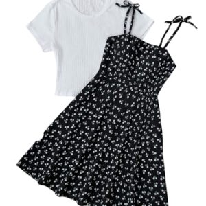 Girl's Floral Tie Shoulder Dress Flowy Boho Short Sundress with Short Sleeve Knit Tee