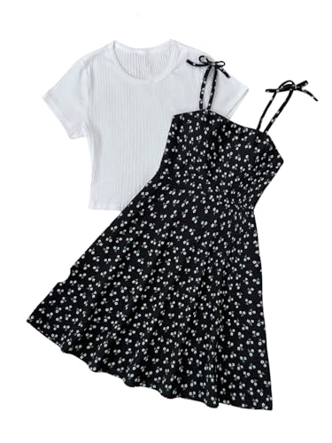 Girl's Floral Tie Shoulder Dress Flowy Boho Short Sundress with Short Sleeve Knit Tee