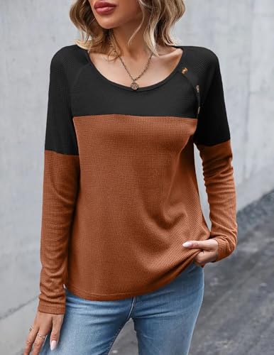 Women Waffle Knit Shirts Long Sleeve Colorblock Tee Button Detail Tunics