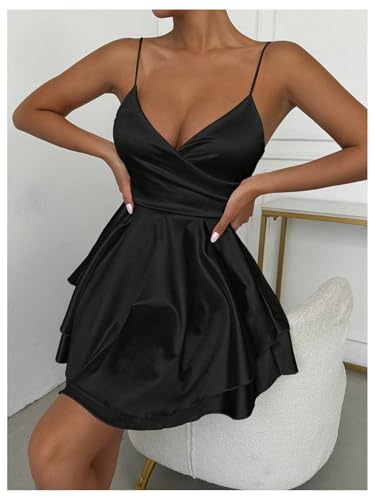 Women's V Neck Spaghetti Strap Tiered Fit and Flare A Line Mini Cami Dress