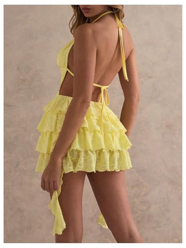 Women's Y2k Ruffle Lace Backless Layered Halter Mini Dress Deep V Party Jellyfish Dress