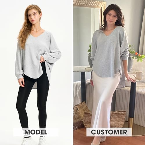 Womens Spring Oversized V Neck Tunic Tops 2025 Casual Long Sleeve Shirts Lightweight Soft Sweater Curved Hem T Shirts
