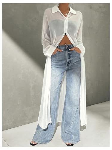 Women's Sheer Button Down Long Sleeve Maxi Shirt Kimono Dress Lightweight Summer Coverups