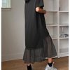 Women's Short Sleeve Crewneck Oversized Tshirt Dress Mesh Ruffle Hem Long Dress