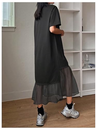 Women's Short Sleeve Crewneck Oversized Tshirt Dress Mesh Ruffle Hem Long Dress