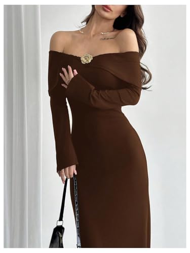 Women's Off Shoulder Bodycon Maxi Dress Long Sleeve Wedding Guest Party Long Dress