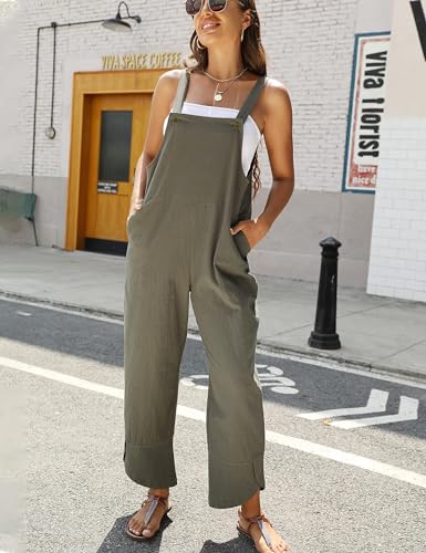 Women Summer Sleeveless Cotton Linen Bib Overalls Tulip Baggy Capri Jumpsuits with Pockets
