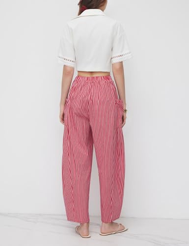 Women Wide Leg Pants Casual Striped Cotton Mid Rise Drawstring Palazzo Trousers with Pockets