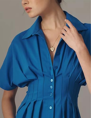 Shirt Dress for Women Summer Casual Short Sleeve Button Down Loose Pleated Maxi Sundress with Pockets