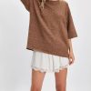 Women Sweater Tee Casual Crewneck Short Sleeve Pullover Top Ribbed Knit Loose Shirt