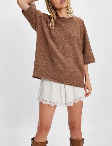 Women Sweater Tee Casual Crewneck Short Sleeve Pullover Top Ribbed Knit Loose Shirt