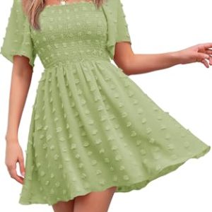 Women's 2025 Summer Casual Square Neck Dresses Ruffle Short Sleeve Swiss Dot Flowy Mini Dress
