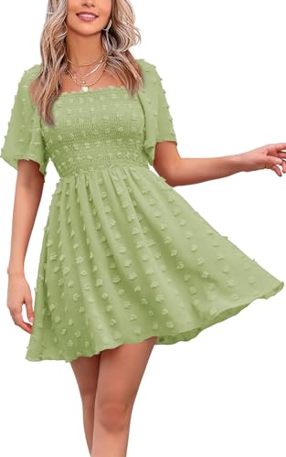 Women's 2025 Summer Casual Square Neck Dresses Ruffle Short Sleeve Swiss Dot Flowy Mini Dress