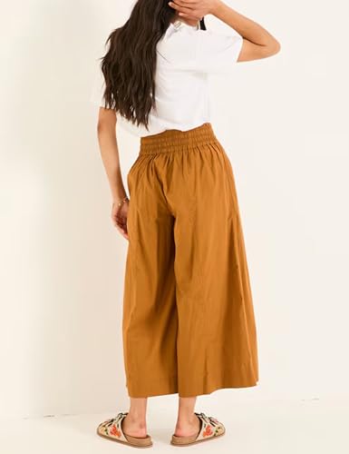 Women Casual Wide Leg Pants Summer Cotton High Rise Elastic Waist Cropped Capris Trousers with Pockets