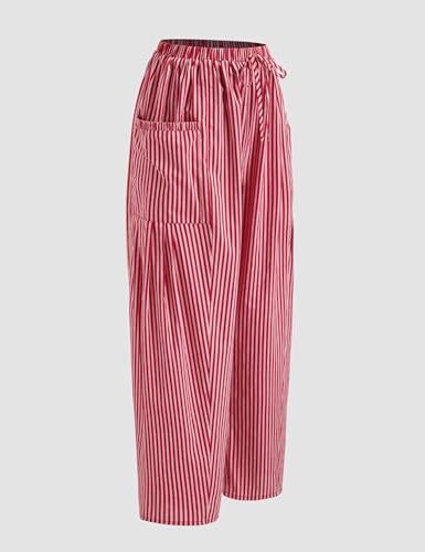 Women Wide Leg Pants Casual Striped Cotton Mid Rise Drawstring Palazzo Trousers with Pockets