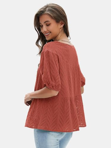 Women's Summer Tops Dressy Casual Short Lantern Sleeve Shirts Crew Neck Hollow Out Lace Embroidered Blouses Shirts