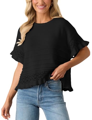 Yeokou Womens Short Sleeve Sweater Round Neck Ruffled Hem Knit Crochet Pullover Summer Fall Casual Top Blouse