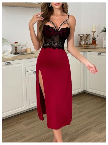 Women's Lace Lingerie Dress Sleeveless High Slit Long Nightgown Chemise Nightdress