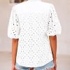 Women's Summer Tops 2025 Dressy Casual Short Sleeve V Neck Buttons Hollow Out Lace Embroidered Blouses Shirts