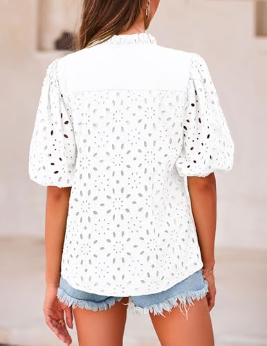 Women's Summer Tops 2025 Dressy Casual Short Sleeve V Neck Buttons Hollow Out Lace Embroidered Blouses Shirts