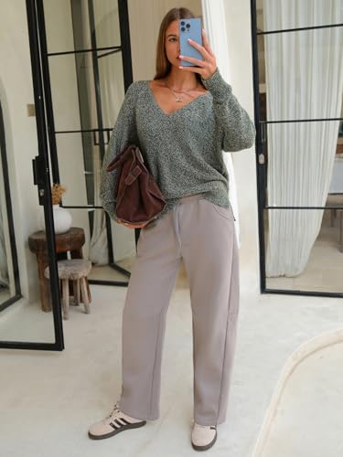 Womens Fall Oversized Sweaters Cotton Long Sleeve V Neck Off Shoulder Sweater Pullover Jumper Tops Trendy Winter 2025