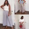 Women's Wide Leg Pants Drawstring Striped Cotton Mid Rise Casual Long Palazzo Trousers with Pockets