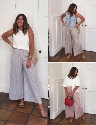 Women's Wide Leg Pants Drawstring Striped Cotton Mid Rise Casual Long Palazzo Trousers with Pockets